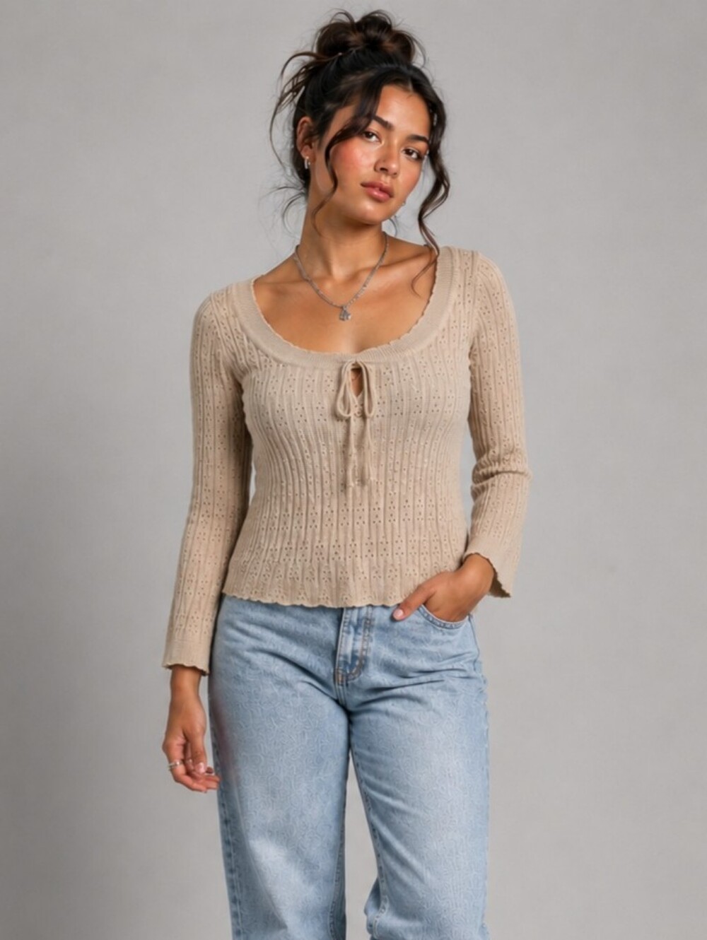 Takeout Beige Pointelle Knit Bell Sleeve Sweater Top Size Medium Y2K